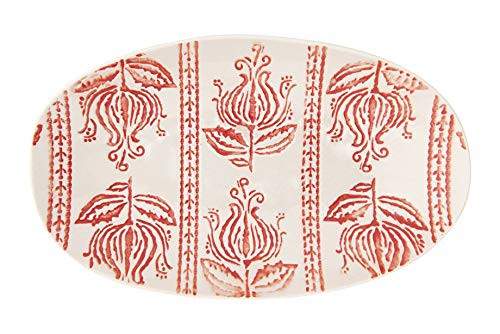 Creative Co-op Oval Stoneware Platter with Hand-Stamped & Embossed Pattern, Small, Red