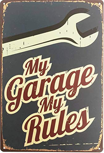 UNIQUELOVER Garage Accessories, My Garage My Rules Metal Man Cave Signs and Decor 12 X 8 Inches, Small