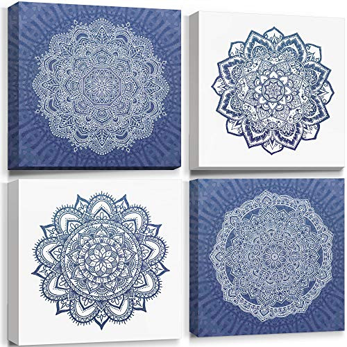 Adecuado Boho Canvas Paintings Blue and White Mandala Wall Art Buddhism Picture Modern Artwork Framed Home Decor Ready to Hang for Bathroom Bedroom Living Room 12x12 Inch, 4 Panels