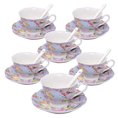 ufengke 7oz Coffee Cup Set,Flowers and Birds Porcelain Coffee Tea Sets,Set of 6 Ceramic Tea Cup and Saucer-Blue