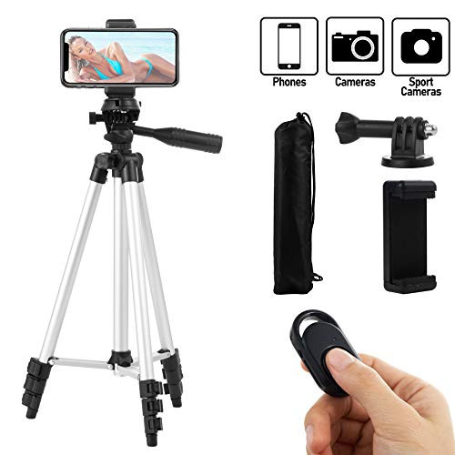 Coching Phone Tripod, 51 Inch 130cm Aluminum Lightweight Tripod for iPhone/Cellphone, Camera and GoPro, Quick Release Plate, Bluetooth Remote Control, Phone Clip and Gopro Mount, Carrying Bag (Silver)