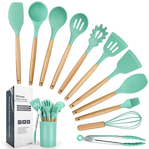 12 Pcs Silicone Cooking Utensils Kitchen Utensil Set - Heat Resistant Non-Toxic BPA Free Spatula Set with Turner Tongs,Spoon,Brush,Whisk-Wooden Handles Kitchen Gadgets Tools Set for Nonstick Cookware