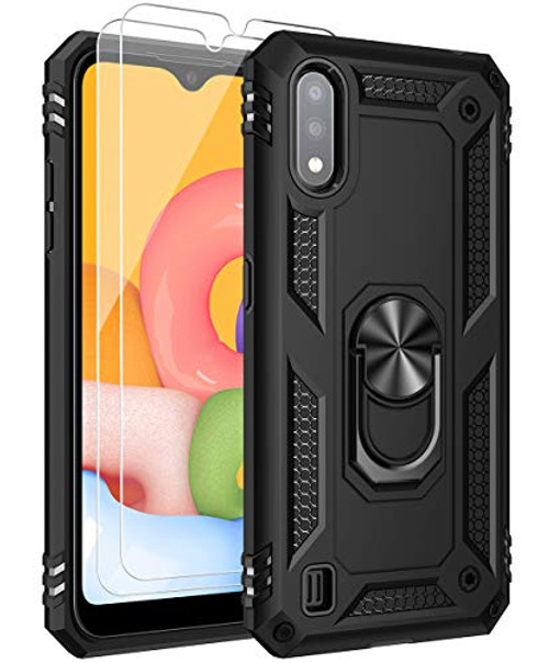 ComoUSA Galaxy A01 Case with Tempered Glass Screen Protector (2 Pack), Galaxy A01 Case Kickstand with Car Mount Holder, 15ft. Drop Tested Protective Cover for Samsung Galaxy A01 Phone (Black)