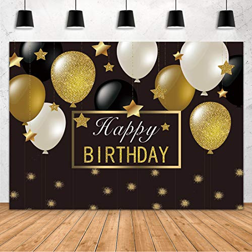 Aperturee 7x5ft Happy Birthday Backdrop Black and Gold Balloons Sparkling Stars Golden Glitter Photography Background Adult Sweet 16th Party Decorations Banner Photo Booth Studio Props Supplies Banner