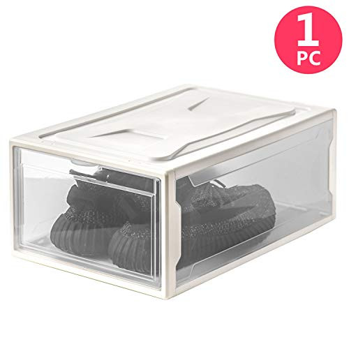 WAYTRIM Storage Shoe Box, Foldable Clear Shoe Box, Stackable Storage Bins Shoe Container Organizer, 1 Pack - White