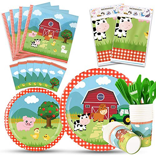 WERNNSAI Farm Party Tableware Set - Barnyard Animal Themed Party Supplies for Kids Birthday Baby Shower Disposable Tablecloth Plates Cups Napkins Cutlery Bag Utensils Serves 16 Guests WERNNSAI Farm Party Tableware Set - Barnyard Animal Themed Party Supplies for Kids Birthday Baby Shower Disposable Tablecloth Plates Cups Napkins Cutlery Bag Utensils Serves 16 Guests