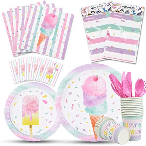 WERNNSAI Ice Cream Party Supplies Set - Ice Cream and Popsicle Party Tableware for Girls Birthday Baby Shower Disposable Tablecloth Plates Cups Napkins Cutlery Bag Utensils Serves 16 Guests 130PCS WERNNSAI Ice Cream Party Supplies Set - Ice Cream and Popsicle Party Tableware for Girls Birthday Baby Shower Disposable Tablecloth Plates Cups Napkins Cutlery Bag Utensils Serves 16 Guests 130PCS