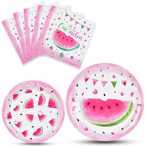 WERNNSAI Watermelon Party Plates and Napkins - Pink Watermelon Party Supplies for Girls Birthday Baby Shower Disposable Tableware Dinnerware Dinner Dessert Plates Luncheon Napkins Serves 16 Guests 48 PCS