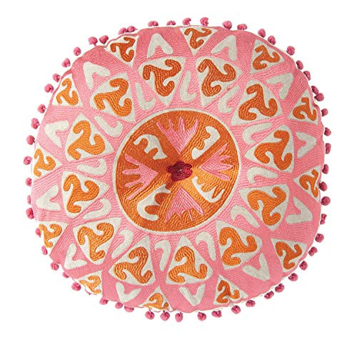 Creative Co-op Round Pink & Orange Cotton Embroidered Pink Pom Trim Pillows