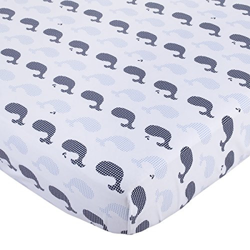 NoJo 100% Cotton Fitted Crib Sheet, Whales, Navy/Blue/White