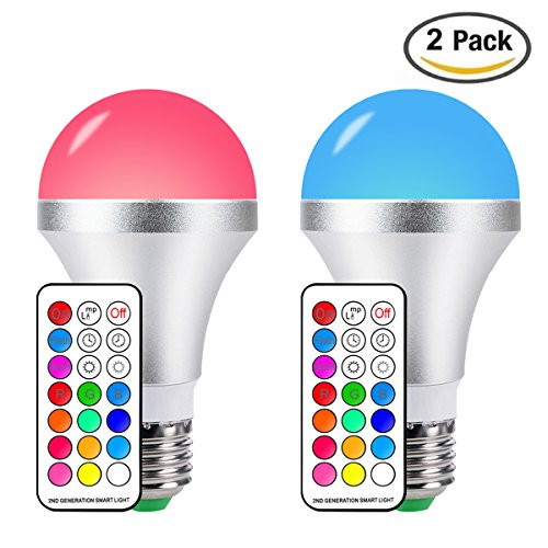 LED Color Changing Light Bulbs DayLight E26 10W RGB Light Bulbs with 21key Remote Control, 60W Incandescent Equivalent, Memory Function, RGB Daylihgt White, Dimmable with Remote, Pack of 2