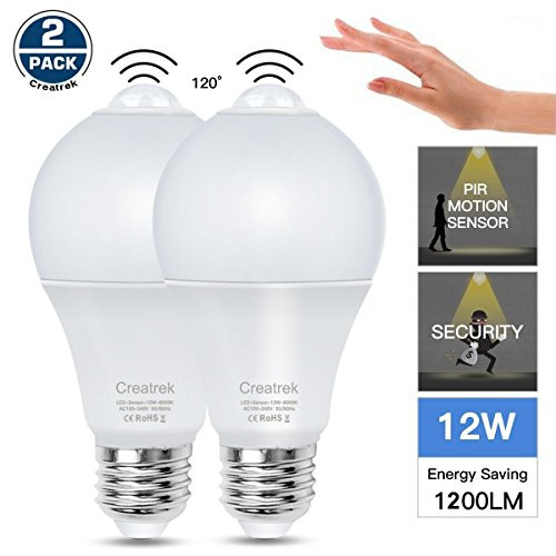 Creatrek Motion Sensor Light Bulb, 12W E26 White 6000K, PIR LED Bulb 100W Equivalent, 2 Pack