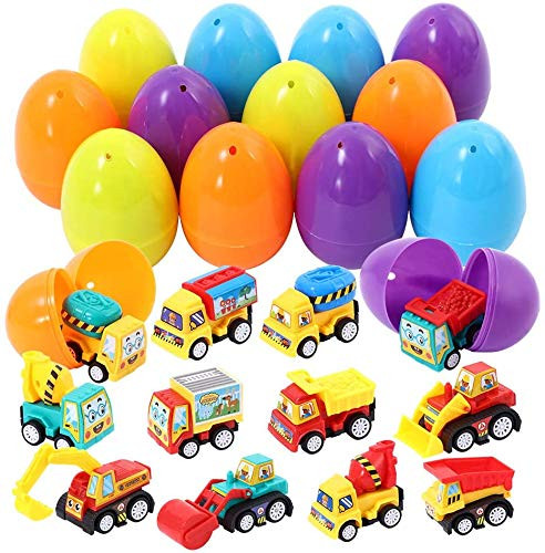 Acekid Easter Eggs Filled with Pull Back Vehicle, 12pcs Kids Cartoon Construction Cars Set, Easter Theme Party Favor, Easter Eggs Hunt, Basket Stuff Fillers for Boys & Girls