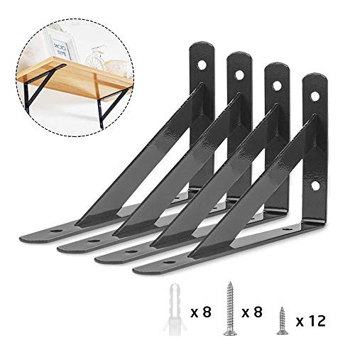 Acrux7 Heavy Duty Shelf Brackets, 5.9 x 3.7In Floating Shelves Tripod Triangle Shelf Brackets, 90 Degree Angle Wall Mounted Shelf Supporter Bracket Frame, 4 Pack, Black
