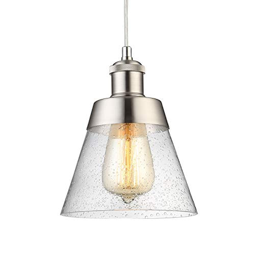 Modern Glass Pendant Light with Handblown Clear Seeded Glass Shade, One-Light Adjustable Industrial Mini Pendant Lighting Fixture for Kitchen Island Cafe Bar, Brushed Nickel