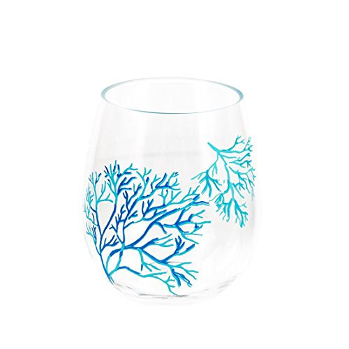 DEI Coral Pattern Stemless Wine Glass, Regular, Blue
