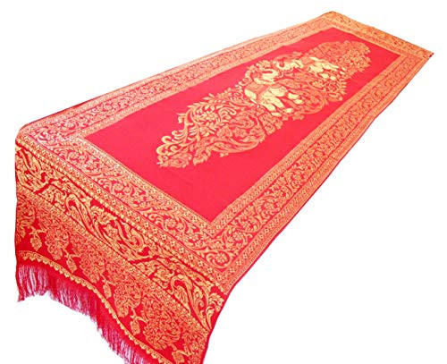 Blue Orchid Thai Elephant Table Runner with Fringe - Luxurious Bed Scarf - Polyester Embroidered Gold Brocade - 76x19 Inches (Red)