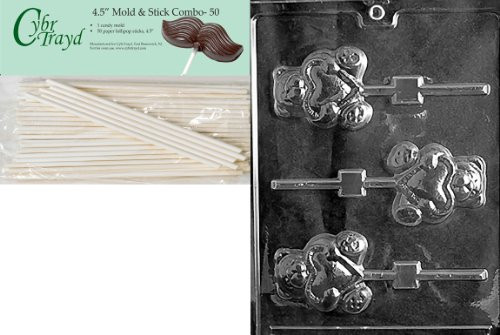 Cybrtrayd 45St50-V057 Teddy with Heart Lolly Valentine Chocolate Candy Mold with 50 4.5-Inch Lollipop Sticks
