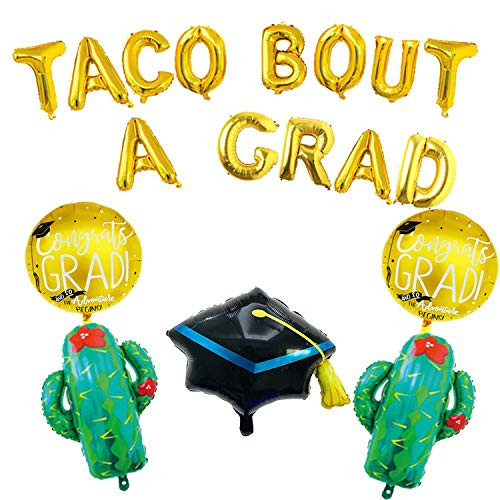 16" Taco Bout A Grad Foil Balloons, Cactus Letter Balloons, Graduation Celebration Banner for Fiesta Graduation, Taco Graduation Theme, Graduation Party Decoration Supplies 2020 (18 Pack)