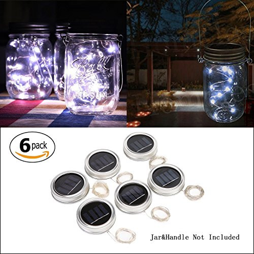 Sunlane 6 Pack Solar Mason Jar Lights, 10 Led String Fairy Firefly Lights Lids Insert for Regular Mouth Jars, Mason Jar,Patio,Lawn,Garden Decor (6, White)