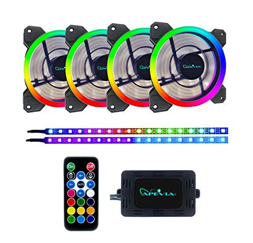 Apevia ST4P2-RGB Spectra 120mm Silent Dual Ring Addressable RGB Color Changing LED Fan with Remote Control, 16x LEDs & 8X Anti-Vibration Rubber Pads w/ 2 Magnetic Addressable LED Strips (4+2-pk)