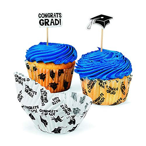 Fun Express Graduation Cupcake Liners with Picks (100 Picks and 100 Cupcake Liners) "Congrats Grad" and Graduation Cap, Party Supplies and Decorations