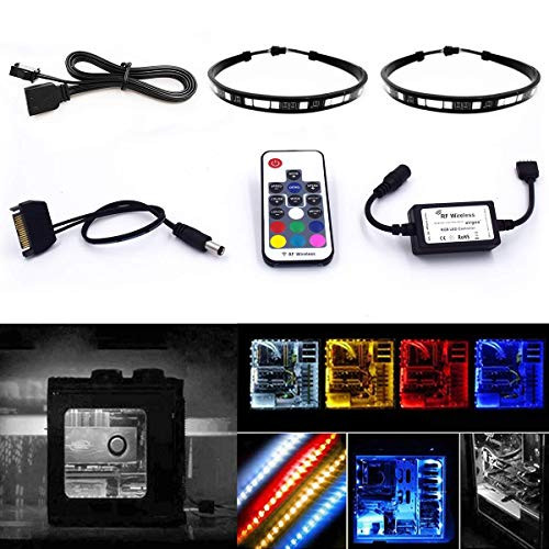 Magnetic Computer LED Strip Kit, Airgoo 2pcs 15inch PC RGB LED Strip Light, Vibrant LED Computer Lights Using Multi Function RF Remote for Desktop PC Computer Tower, Come with Sata Power Cable (Black)