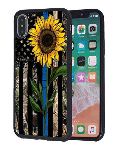 iPhone X Case, iPhone Xs Case, Slim Anti-Scratch TPU Rubber Protective Case Cover for iPhone X/iPhone Xs (5.8 inch) - Sunflower Thin Blue Line American Flag