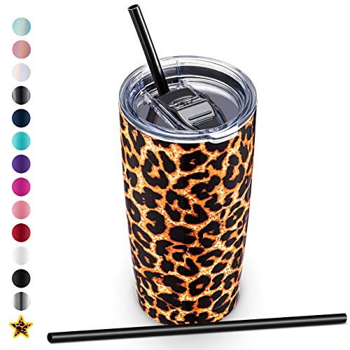 ALOUFEA 20oz Stainless Steel Tumbler with Lid and Straw, Vacuum Insulated Tumbler Cup, Double Wall Coffee Tumbler, Powder Coated Travel Coffee Mug, Leopard