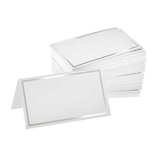 Alpine Industries Tent Place Cards 2 x 3.5, Place Cards for Weddings, Events, Special Occasions High-Grade Elegant Design - (White - Silver Border)