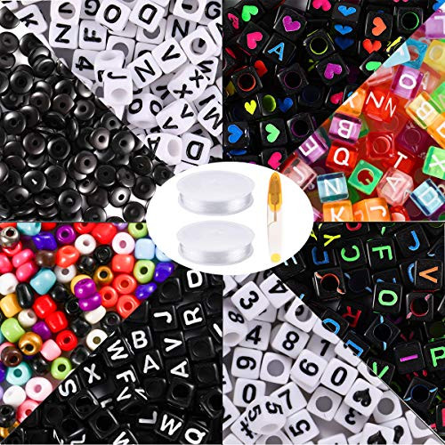 2400pcs Colorful Letter Beads Kit Acrylic Alphabet Cube Number Beads with 2 Roll Elastic Crystal String Cord, Scissor for Jewelry Making DIY Necklace Bracelet (Hunse1)