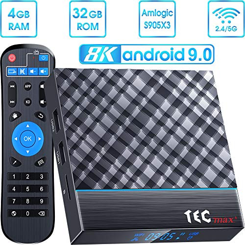 Android TV Box 9.0 4GB RAM 32GB ROM, TEC max+ Android TV Box Amlogic S905X3 Quad-Core 64bit with 3D 8K HD H.265, Dual-WiFi 2.4G/5G, USB 3.0 Smart TV Box