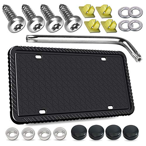 License Plate Frame Anti Theft-Black Silicone Tamper Proof Car Plate Holder,Stainless Steel Lock Screws Kit,Universal Front Rear Bracket Mounting Accessories- Self-tapping Pointed Bolt,Fasteners,Caps