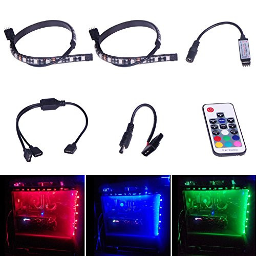 Relohas RGB LED Strip Light, 5050 SMD 2pcs 18leds 30cm PC Computer Case Light, Fixed By Powerful Magnet with Multi Function RF Remote Controller Suitable For Desktop Computer Mid Tower Case