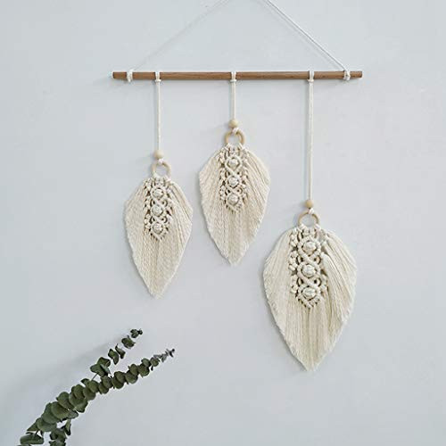 Clife Macrame Wall Hanging Feather Boho Chic Woven Leaf Tassels Decoration Cotton Ornaments - Bohemian Apartment Decorations - Living Room Bedroom Decor (Ivory-3 Leaf)