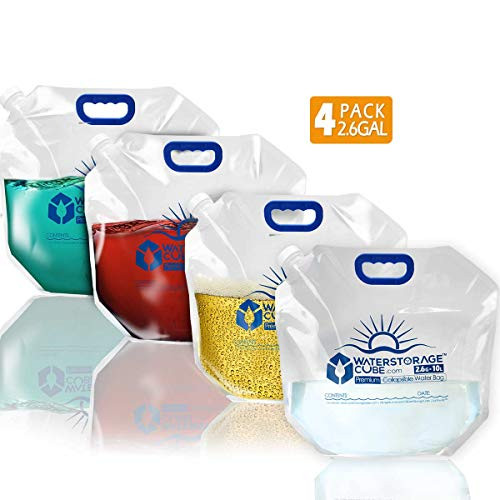 WaterStorageCube Premium Collapsible Water Container Bag, BPA Free Food Grade Clear Plastic Storage Jug for Camping Hiking Backpack Emergency, No-Leak Freezable Foldable Water Bottle 2.6 Gallon 4-Pack