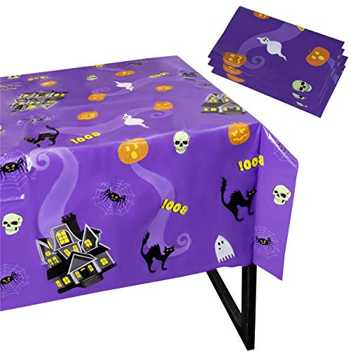 Halloween Party Tablecloth - 3-Pack Disposable Plastic Rectangular Table Covers - Halloween Party Decoration Supplies for Haunted House, Purple, 54 x 108 Inches