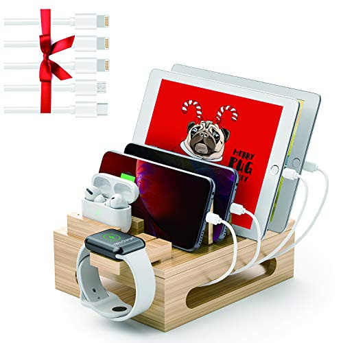 Alltripal Charging Station for Multiple Devices Bamboo Charging Organizer for USB Charger Docking Station with 5 USB Cables (Note No Power Supply)