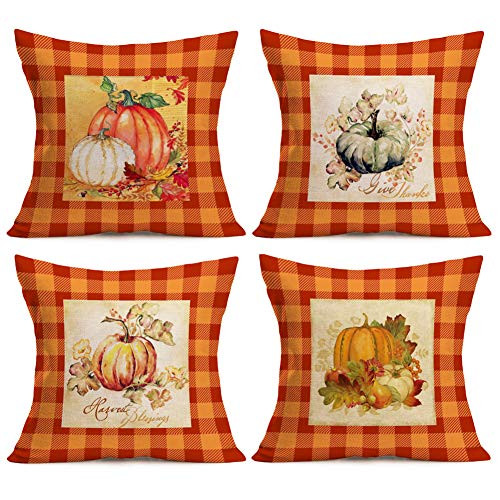 Asamour Pack of 4 Fall Orange Buffalo Plaids Pumpkin Leaves Throw Pillow Covers Autumn Harvest Farmhouse Decorative Cotton Linen Thanksgiving Blessings Quote Cushion Cover Pillow Case 18x18