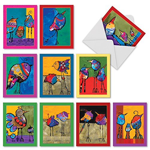 Assortment of 10 Blank Note Cards (4 x 5.12 Inch) with White Envelopes - Boxed Stationery Set Featuring Bohemian Birds for All Occasions - Assorted Notecards M3319