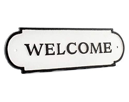 AuldHome Cast Iron Welcome Sign; Rustic Farmhouse Metal Plaque in Black and White 11.9 x 3.6 Inches; Includes Mounting Hardware