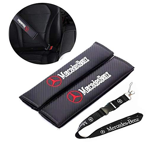 2 Pack Carbon Fiber Car Seat Belt Shoulder Pad Cover Embroidered Logo for Mercedes Benz and 1pc Lanyard with Detachable Buckle Compatible for Mercedes Benz