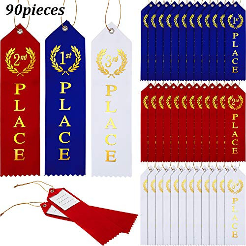 Award Ribbons 1st, 2nd, 3rd Place Flat Carded Set First Place Prizes with Event Card and Rope for Competition, Sports Event, School, Contests, Blue Red White (90 Pieces)