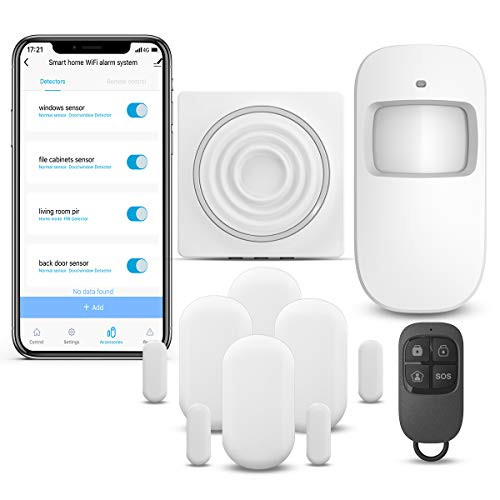 WiFi Security System WiFi Alarm System Kit Compatible with Alexa,APP Control and Message Alert Function,1 PIR Motion Sensor,1 Remote Control,4 Door Open Alarm and 1 Wi-Fi Gateway, No Monthly Fee