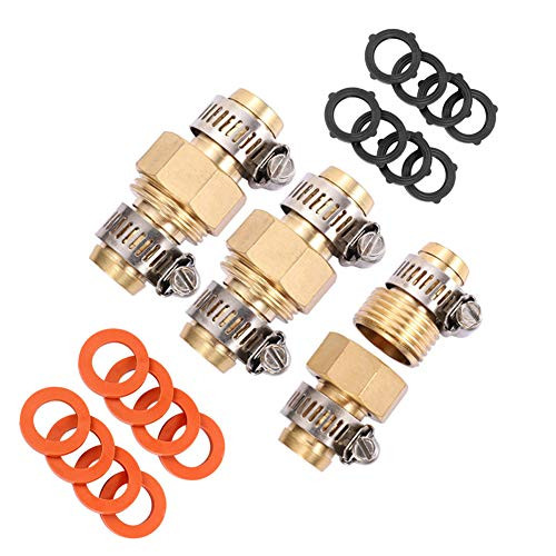 Brass Garden Hose Mender End Repair Kit Water Hose End Mender with Stainless Steel Clamp,Female and Male Hose Connector 3Sets, Extra 16 Washers. (5/8)