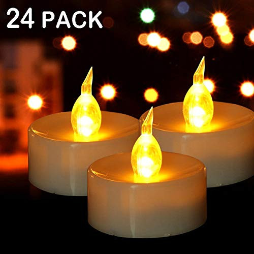Battery Tea Lights - 24 Pack LED Tea Lights Candles Realistic and Bright Flickering Holiday Gift Operated Flameless LED Tea Light for Seasonal & Festival Celebration Warm Yellow Lamp Battery Powered