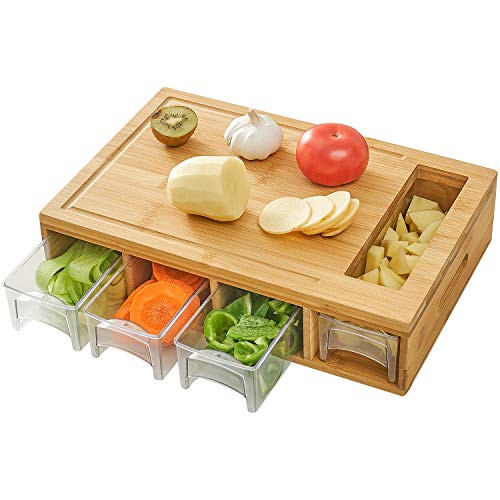 NOVAYEAH Bamboo Cutting Board with 4 Containers, Large Chopping Board with Juice Grooves, Easy-grip Handles & Food Sliding Opening, Carving Board with Trays for Food Storage, Transport and Cleanup NOVAYEAH Bamboo Cutting Board with 4 Containers, Large Chopping Board with Juice Grooves, Easy-grip Handles & Food Sliding Opening, Carving Board with Trays for Food Storage, Transport and Cleanup