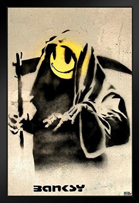 Pyramid America Banksy Smiley Reaper Black Wood Framed Poster 14x20