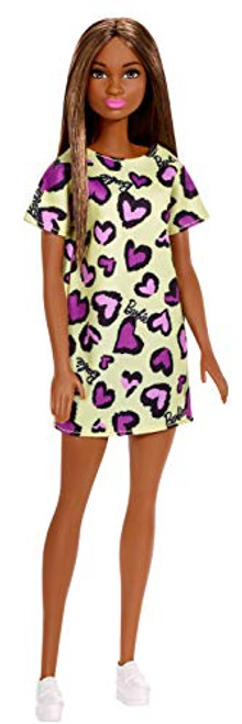 ?Barbie Doll, Brunette, Wearing Yellow and Purple Heart-Print Dress and Platform Sneakers, for 3 to 7 Year Olds ?Barbie Doll, Brunette, Wearing Yellow and Purple Heart-Print Dress and Platform Sneakers, for 3 to 7 Year Olds