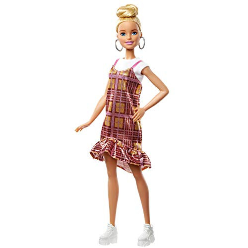 Barbie Fashionistas Doll with Blonde Updo Hair Wearing Pink & Golden Plaid Dress, White Sneakers & Earrings, Toy for Kids 3 to 8 Years Old Barbie Fashionistas Doll with Blonde Updo Hair Wearing Pink & Golden Plaid Dress, White Sneakers & Earrings, Toy for Kids 3 to 8 Years Old